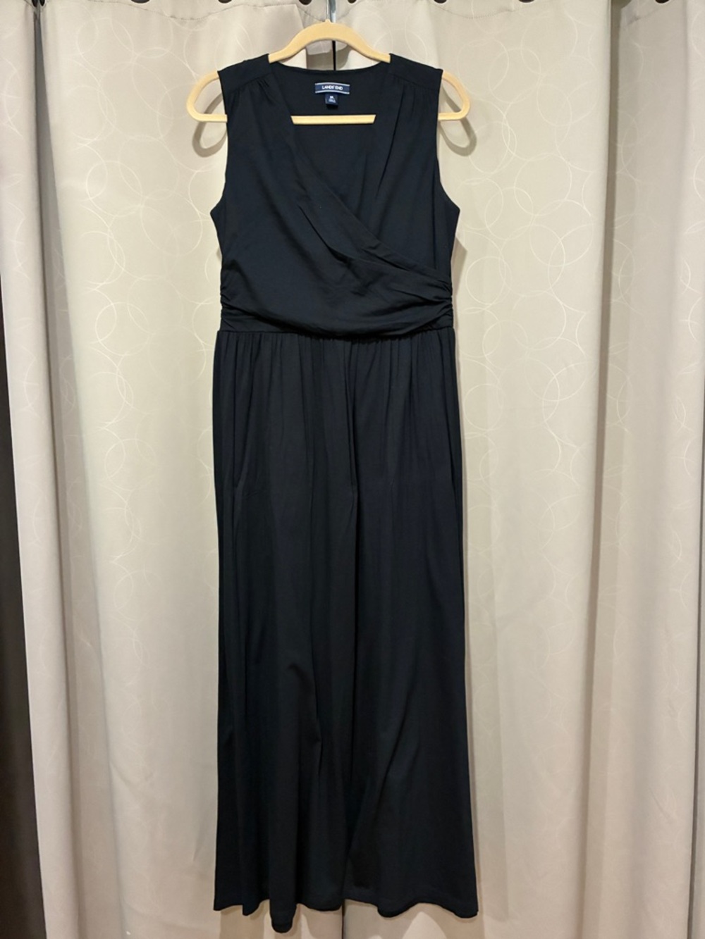 Lands' End Black Sleeveless Faux-Wrap Maxi Dress